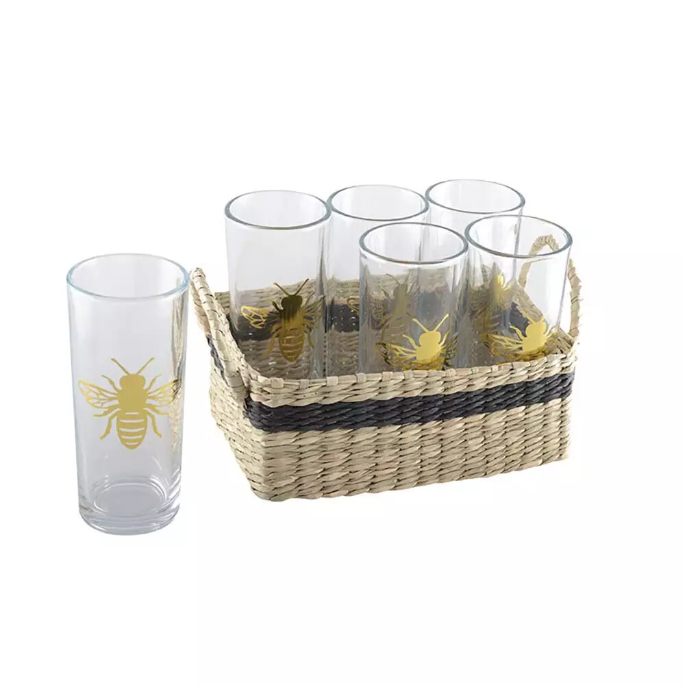 6 Verres Abeille Avec son Panier.