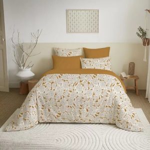 Parure 6 Pièces Housse de Couette Flower Moutarde 100% Coton Lit 160/200cm.