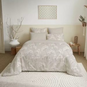 Parure 6 Pièces Housse de Couette 200x200cm Flower Beige 100% Coton