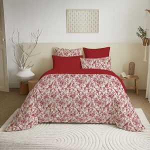 Parure 6 Pièces Housse de Couette 200x200cm Nature Rouge 100% Coton